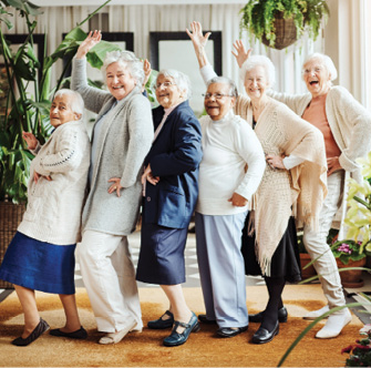 Stock photo of 6 senior females standing in a line smiling and laughing