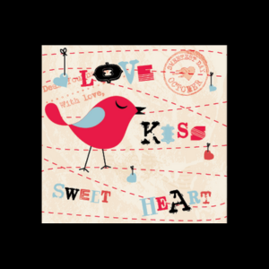 Image of vintage looking stamps with a red bird and the words love, kiss, sweet, and heart in scrapbook type lettering