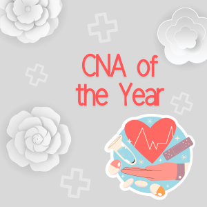 CNA of the year graphic made in Canva with origami flowers, and a sticker decal of nursing assistant tools.