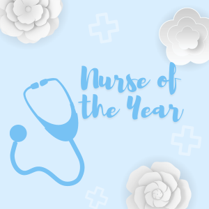 nurse of the year text on blue background with blue decals and white 3D origami flowers